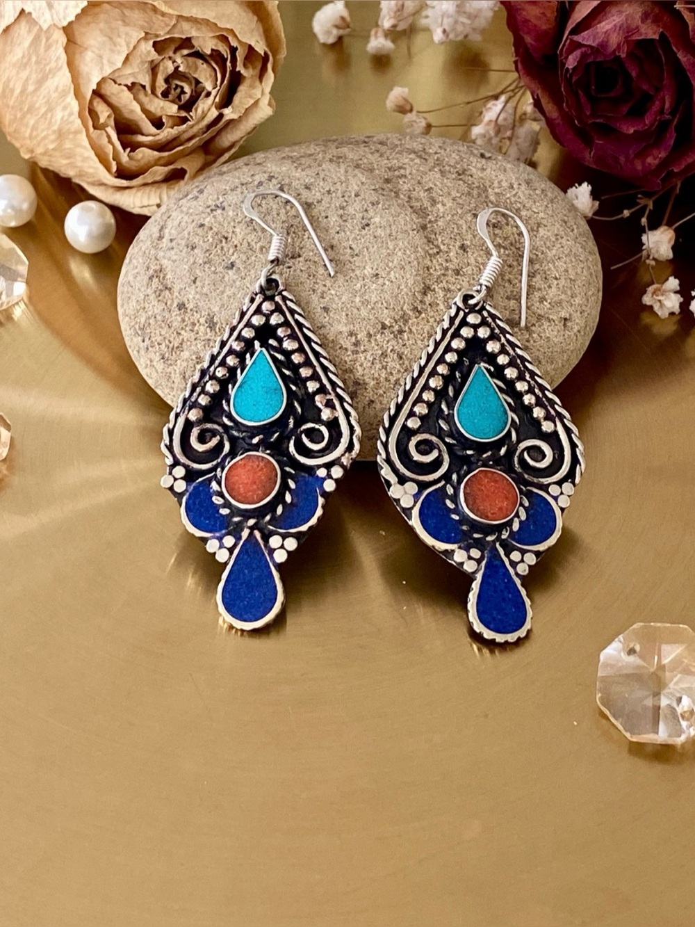 Turquoise, Red Coral And Lapis Earrings